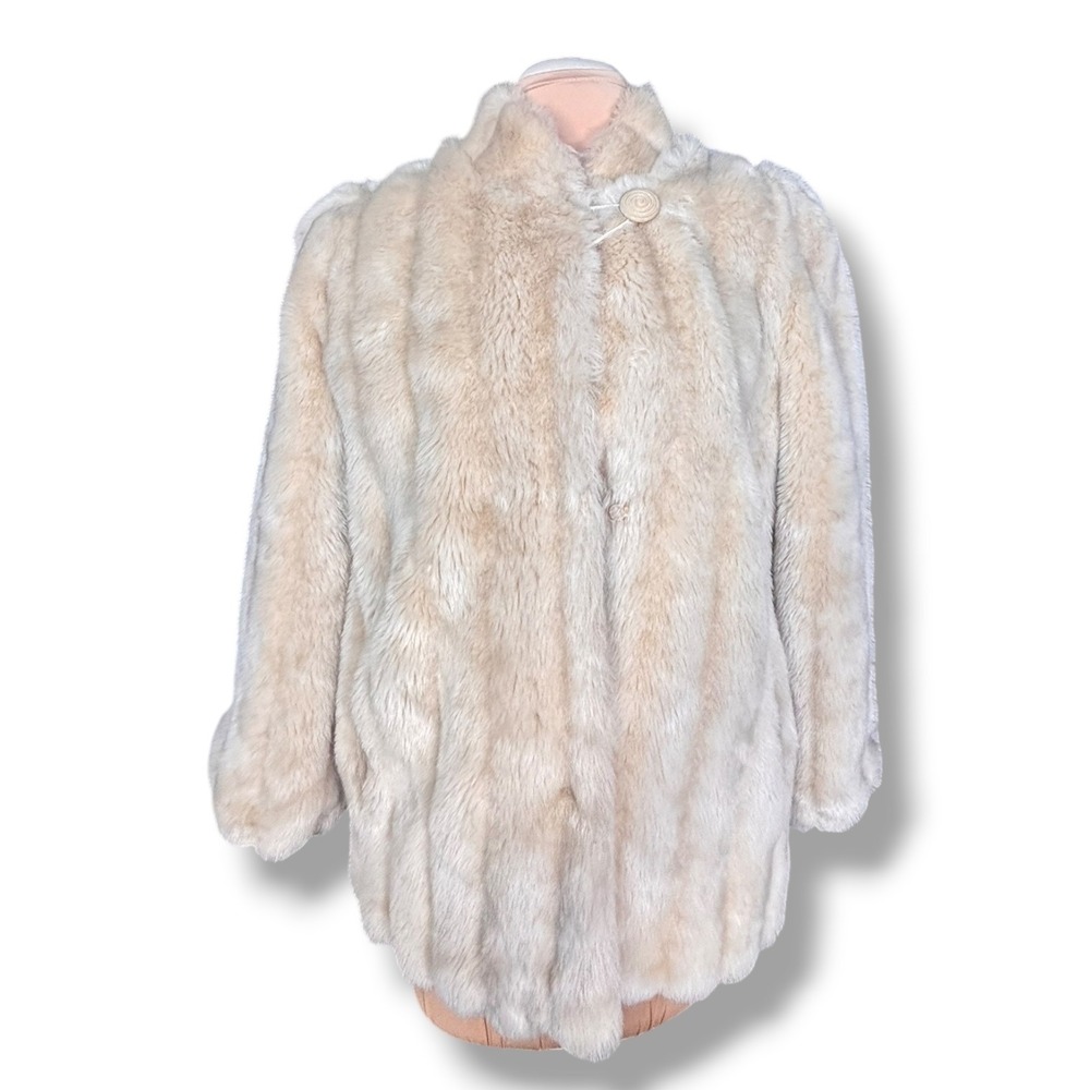 Vintage Ivory Faux Fur Coat Size 12 Plush Winter Glam Jacket Cream USA Made